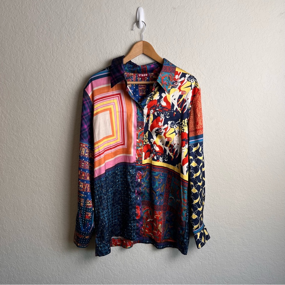 STAUD Martha Patchwork Satin Tunic Blouse L Colorblock Boho Top - Picture 5 of 13